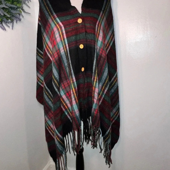 Black multicolored plaid convertible,3-button shawl w/ fringes 72”25.5” 4”fringe - Picture 3 of 5